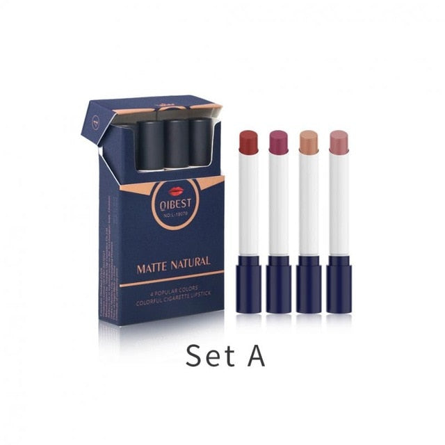 QIBEST 4 Colors Cigarette Design Matte Lipstick Velvet Sexy Nude Lip Blam Lasting Makeup Waterproof Not Fading Lipstick TSLM1