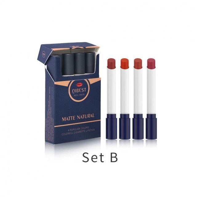 QIBEST 4 Colors Cigarette Design Matte Lipstick Velvet Sexy Nude Lip Blam Lasting Makeup Waterproof Not Fading Lipstick TSLM1